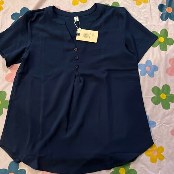 5for$10 Medium Blouse Casual Short Sleeve Tops Button Chiffon Tunics Henley Navy - Picture 2 of 5